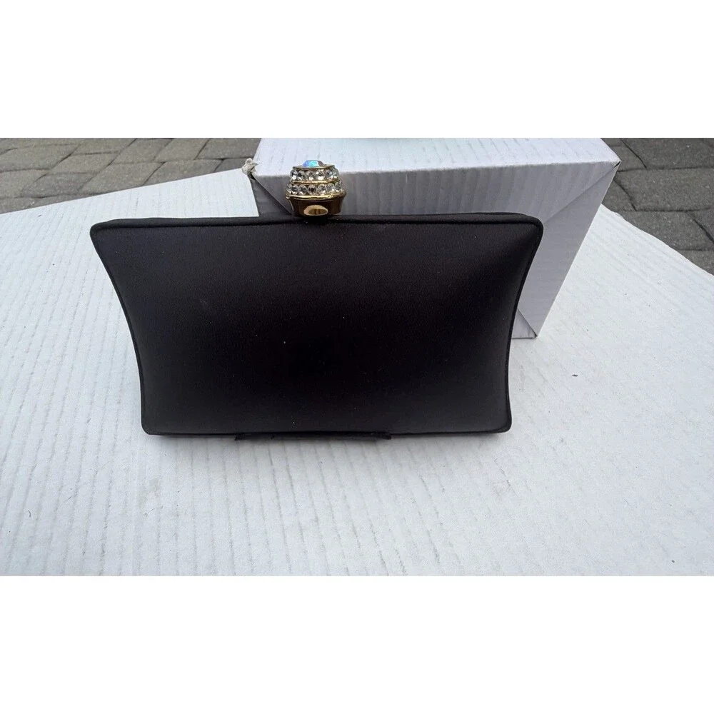 Vintage Carlo Pellini Black Satin Evening Clutch Purse Gold Chain Rhinestone
